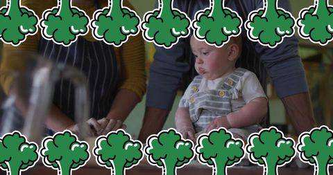 Family Cooking with Child and Digital Broccoli Overlay - Download Free Stock Images Pikwizard.com