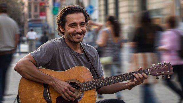 Smiling street musician playing worn acoustic guitar on busy urban pedestrian street