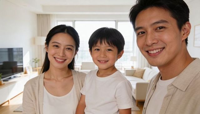Smiling young family in bright modern living room with neutral decor and natural light