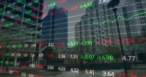 financial data overlay on cityscape showing market trends - Download Free Stock Images Pikwizard.com