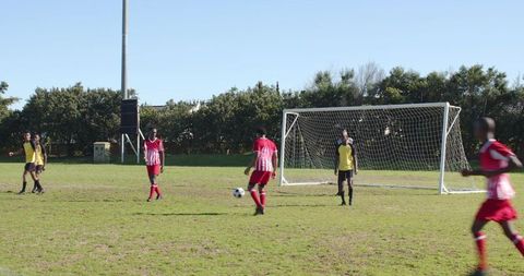 Male soccer players competing during sunny field match