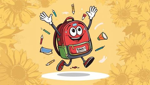 Cartoon Backpack with School Supplies Surrounded by Sunflowers