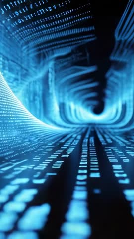 Traveling through glowing code tunnel toward bright exit in vertical cyberspace data stream