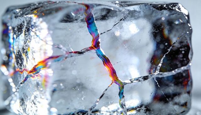Cracked ice cube refracting rainbow light - macro prism dispersion closeup