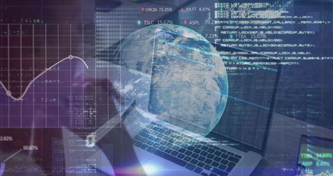 Showing Global Data Analytics on Laptop with Holographic Earth and Financial Tickers