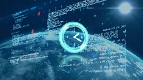 Digital Clock Animation Over Globe Illustrating Time and Data Processing