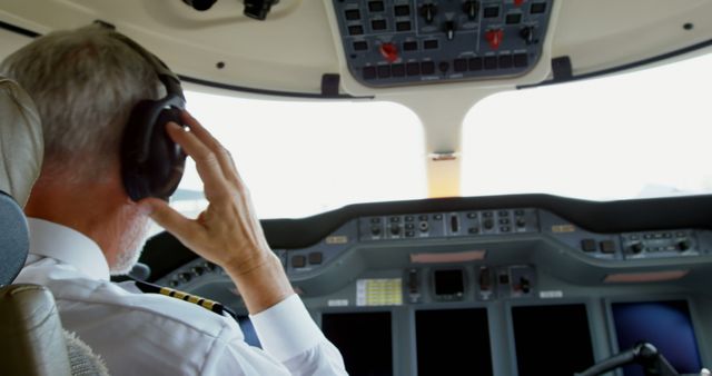 Pilot in cockpit wearing a headset and preparing aircraft. Useful for aviation-themed content, pilot training materials, airline promotional materials, or articles on aviation careers.