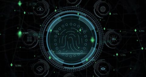 Biometric Fingerprint HUD Scanning Interface with Cybersecurity Network Data Visualization