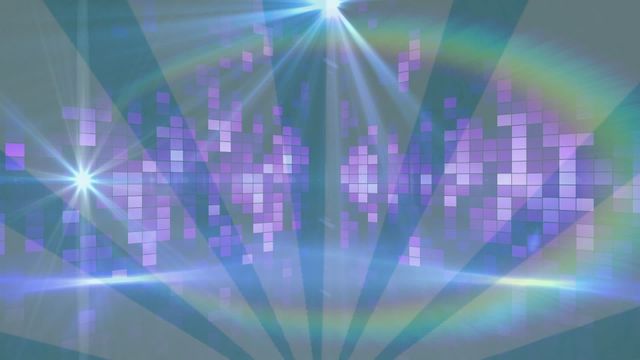 The digital display features an array of vibrant violet squares and dazzling light beams creating a futuristic and energetic atmosphere. This dynamic visual is perfect for use in music videos, dance events, digital art exhibitions, or as a lively backdrop in any creative project.