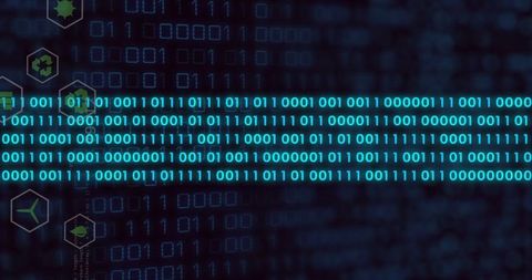 Digital matrix with binary code and technology icons