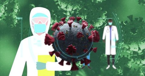 Medical Professionals Analyzing Coronavirus Structure with Protective Gear