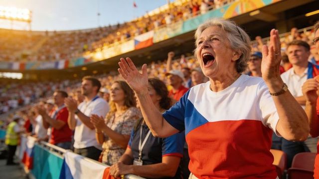 Senior fan cheering passionately in red white blue shirt at packed stadium during match