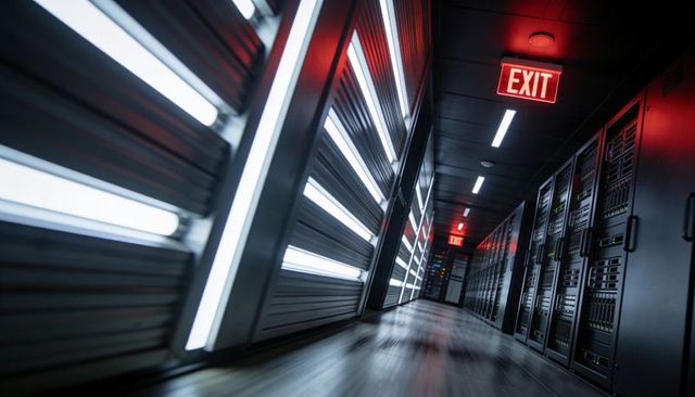 Futuristic low-angle data center aisle converging on illuminated exit sign and server racks