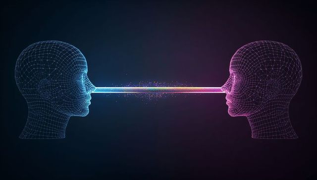 Digital minds connecting with neon data beam between wireframe heads for ai communication