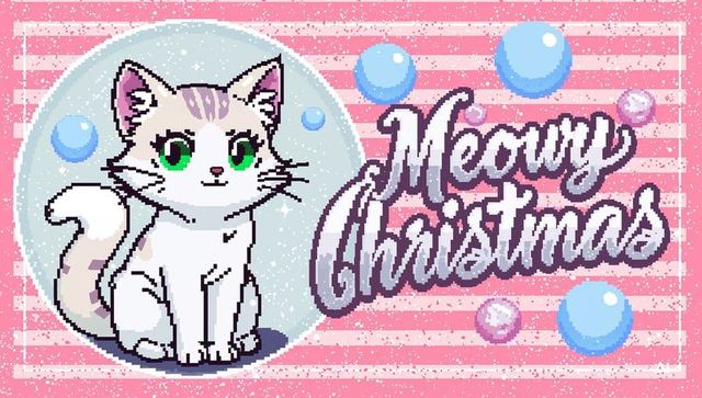 Pixel-art tabby cat sitting with meowy christmas greeting retro pink festive orbs
