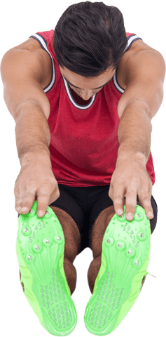 Transparent perspective of athlete stretching in red sports attire