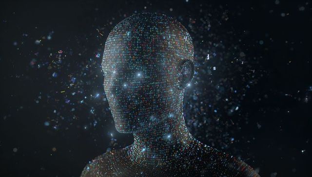 Multicolor Code Sculpting Human Bust with Floating Particles and Data Nodes