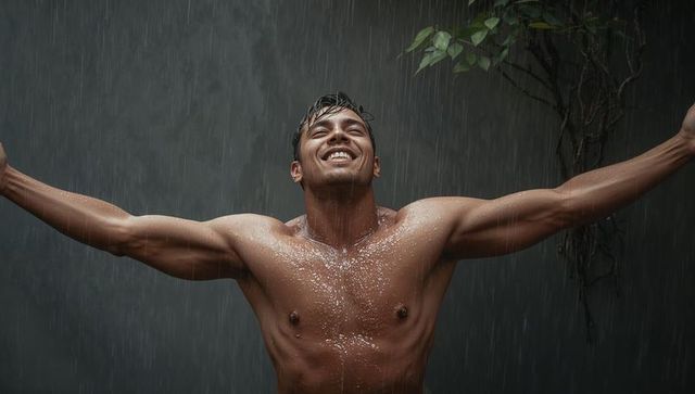 Muscular man standing under rain with arms outstretched, joyful wet torso and smile