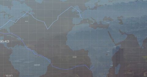 Translucent Global Map with Blue Trend Line and Data Grid for Business Analytics