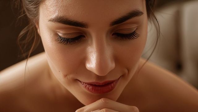 Serene young woman tilting head downward with long lashes and natural makeup, soft closeup