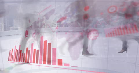 Futuristic Red Data Trends Over Cityscape