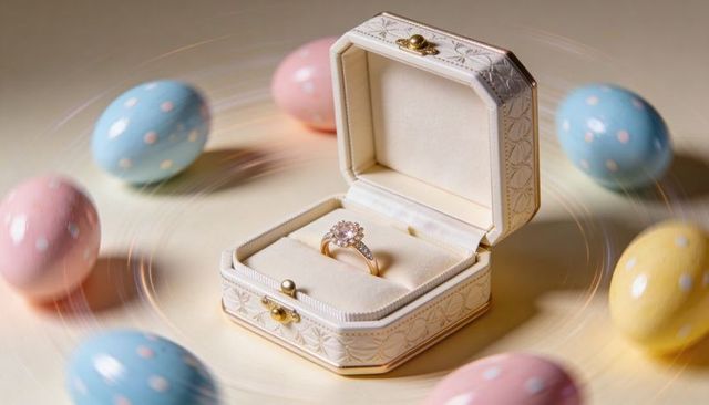 Presenting rose gold halo engagement ring in cream jewelry box with pastel easter eggs