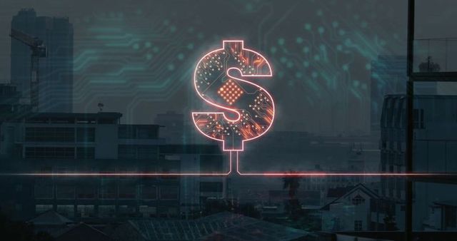 Futuristic Dollar Sign with Circuit Elements Over Urban Skyline
