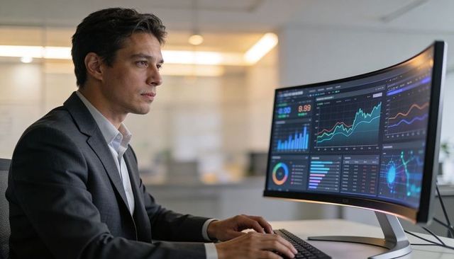Executive analyzing live financial dashboards on curved ultrawide monitor in corporate office
