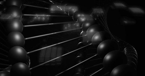 Monochrome dna helix curving through dark void with matte spheres and glowing data panels