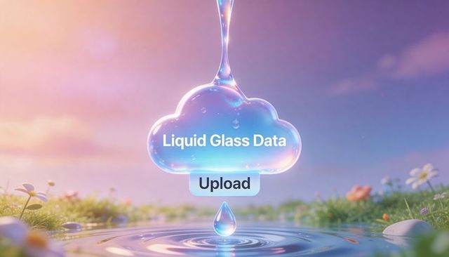 Liquid glass cloud upload concept with pastel meadow, translucent droplet, 3d ui button, serene futu