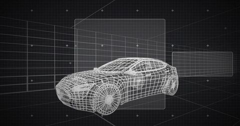 Wireframe Hatchback CAD Rendering Showing Grid Plane and UI Panels in Monochrome