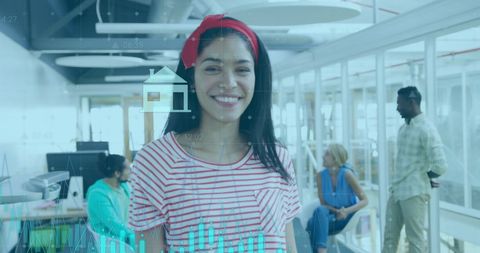 Confident Businesswoman in a Modern Office with Financial Data Overlay