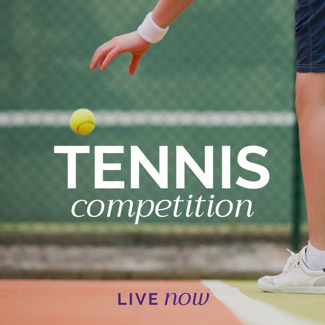 This image showcases a female tennis player about to serve during a competitive game, with text overlay announcing a live tennis competition. Ideal for use in sports event promotions, live broadcast advertisements, fitness and sports campaigns, or social media posts emphasizing athleticism and competitive spirit in tennis.