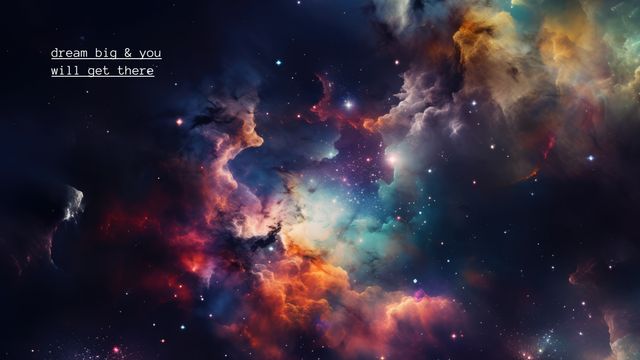 Energetic and colorful cosmic nebula with an inspirational quote. Ideal for motivational posters, presentations, social media graphics, and background designs that inspire positive thinking and encourage achieving dreams.