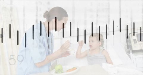 Nurse feeding child in hospital bed with heartbeat overlay