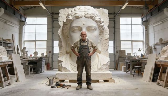 Veteran sculptor standing proud in workshop with monumental stone head sculpture