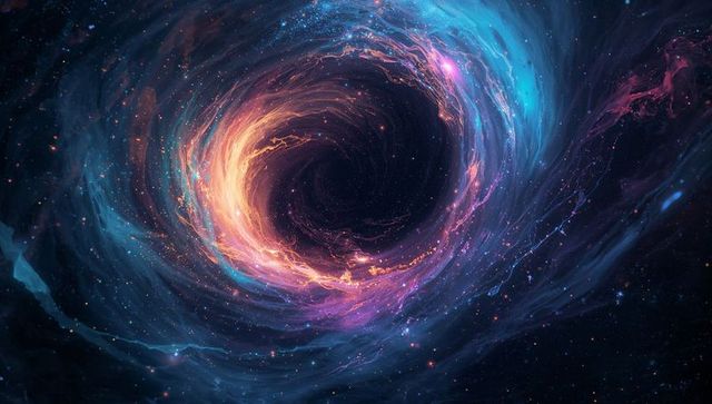Swirling cosmic vortex drawing luminous ring into deep space void