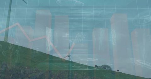 Wind Turbine Green Hillside Grazing Cows with Digital Data Overlay for Renewable Insights