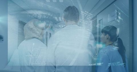 Medical team collaboration with digital technology overlay in hospital