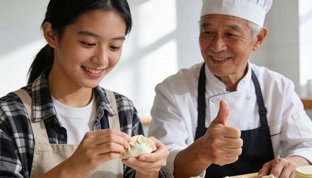 Smiling trainee learning to fold dumpling with chef mentor giving thumbs up in kitchen