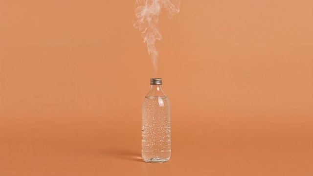 Glass Bottle with Steam on Vibrant Orange Backdrop