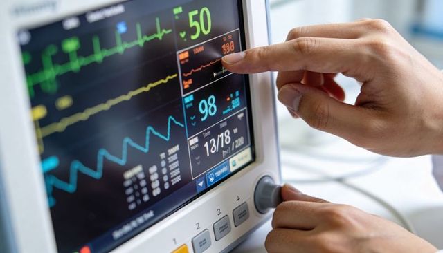 Nurse adjusting bedside monitor displaying vital signs ecg spo2 hr bp patient