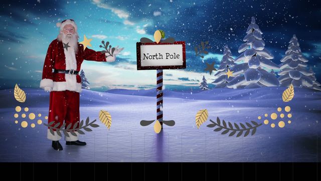 Santa Claus stands by North Pole sign in enchanting winter landscape filled with snow and twinkling stars. Perfect for holiday season promotions, Christmas advertisements, festive greeting cards, or magical winter-themed digital projects.