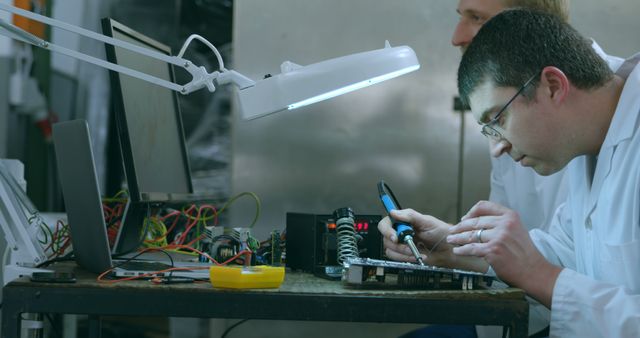 Robotic engineer assembling circuit board at desk. Engineer soldering circuit board 4k