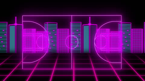 Futuristic Neon Cityscape with Digital Mesh Grid