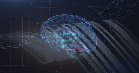 Futuristic 3d brain hologram with network nodes on dark grid