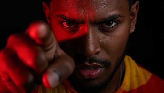Intense close-up portrait: man pointing forward with red dramatic side light, fierce gaze