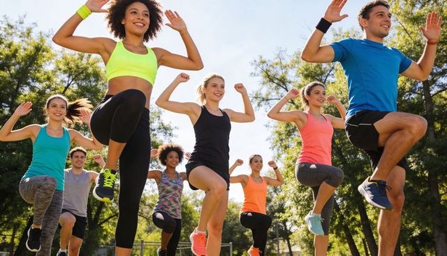 Outdoor group fitness class performing high-knee cardio drills in sunny city park