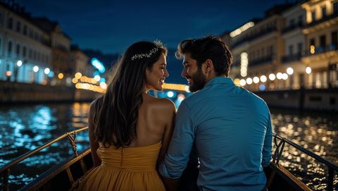 Romantic lovers evening boat ride in historic cityscape with string lights