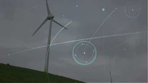 Futuristic Network Animation Overlaying Wind Turbine